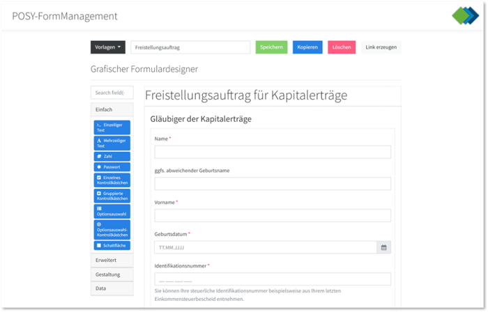 Benutzeroberfläche eines grafischen Formular-Designers für einen Freistellungsauftrag.