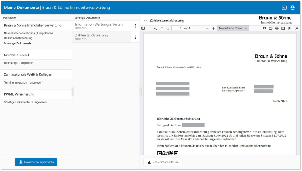 Dokument zur jährlichen Zahlenstandablesung von Braun & Söhne Immobilienverwaltung.