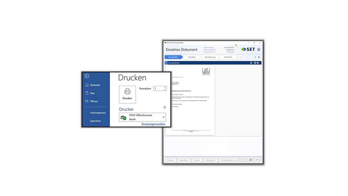 Druckdialogfenster für ein Office-Dokument mit Optionen zum Drucken und Speichern.
