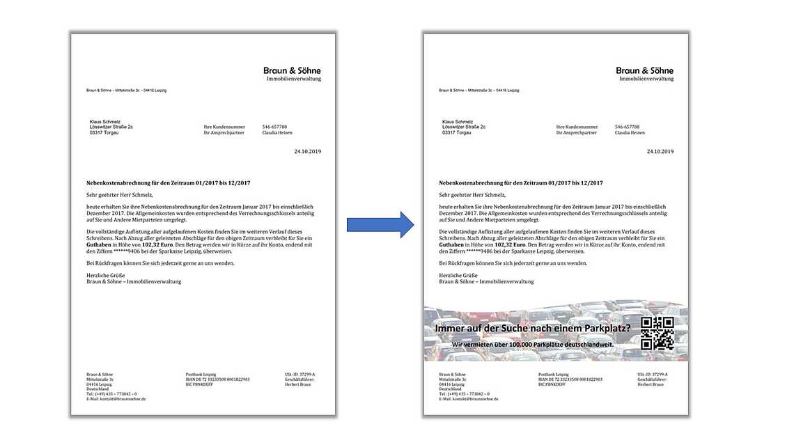 Zwei Seiten eines Briefes von Brun und Söhne zur Immobilienberatung mit Kontaktinformationen.