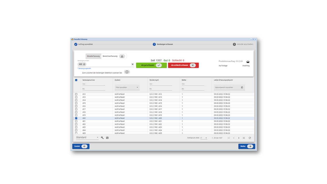 Benutzeroberfläche für die Überwachung und Steuerung der Dokumentenproduktion mit verschiedenen Optionen und Datenfeldern.