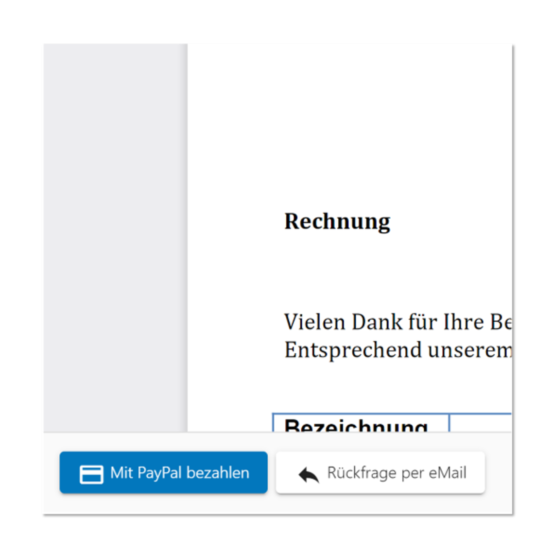 Screenshot einer Rechnung mit Zahlungsoptionen und Kontaktinformationen.