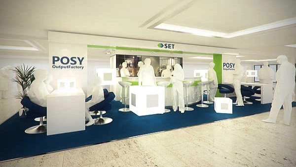Messestand mit dem Namen SET und POSY OutputFactory, ausgestattet mit Tischen und Stühlen.