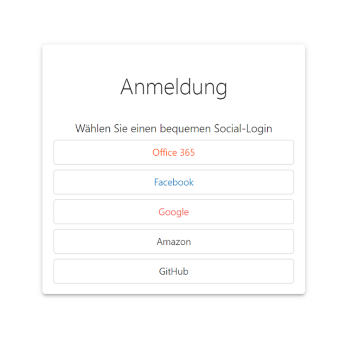 Anmeldeseite mit Auswahlmöglichkeiten für verschiedene Social-Login-Dienste wie Office 365, Facebook, Google, Amazon und GitHub.