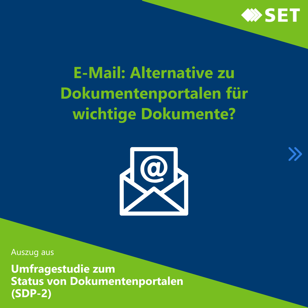 Grafik mit einem E-Mail-Symbol und dem Text über Dokumentenportale in Blau und Grün.