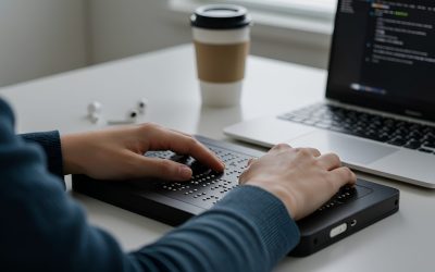 A person uses a Braille keyboard to code on a laptop. A coffee cup and earbuds sit on the white desk. The focus is on the hands and keyboard.