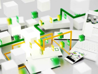 Grafik mit einem Laptop, Papierblättern und geometrischen Formen in Grün und Gelb, die Kommunikationsmanagement darstellen.