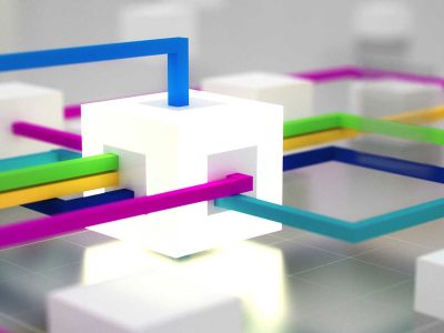 Abstrakte Grafik mit farbigen Linien und weißen Knotenpunkten, die miteinander verbunden sind.