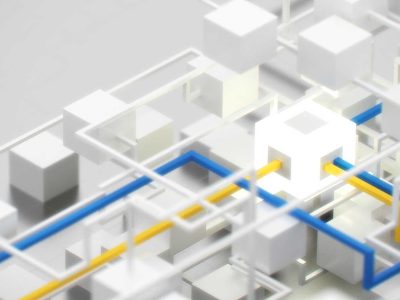 Abstrakte Darstellung mit weißen Würfeln und bunten Linien in Blau und Gelb auf einem grauen Hintergrund.